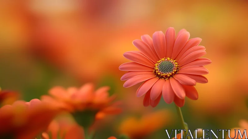 Coral Gerbera Daisy Centered in Warm Golden Bokeh Garden