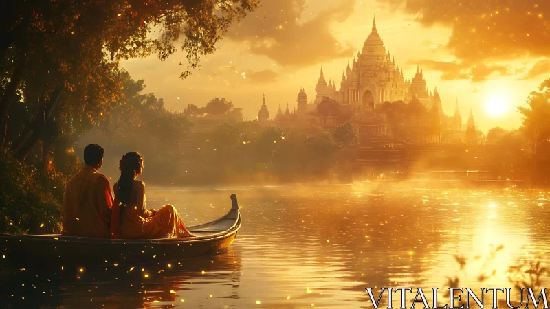 Golden river couple gaze toward luminous temple sunset.