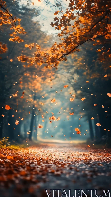 Autumn leaves cascade through misty forest light.