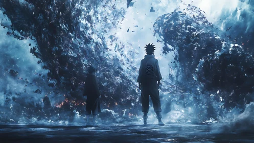 Two quiet heroes facing a swirling storm of blue magic.