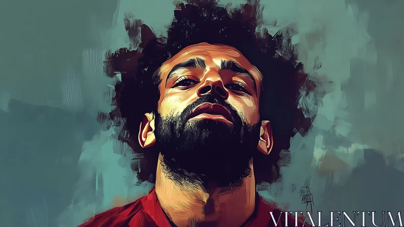 Digital portrait of bearded male footballer in red shirt.