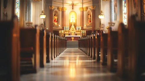 Silent marble aisle glows toward a candlelit cathedral altar