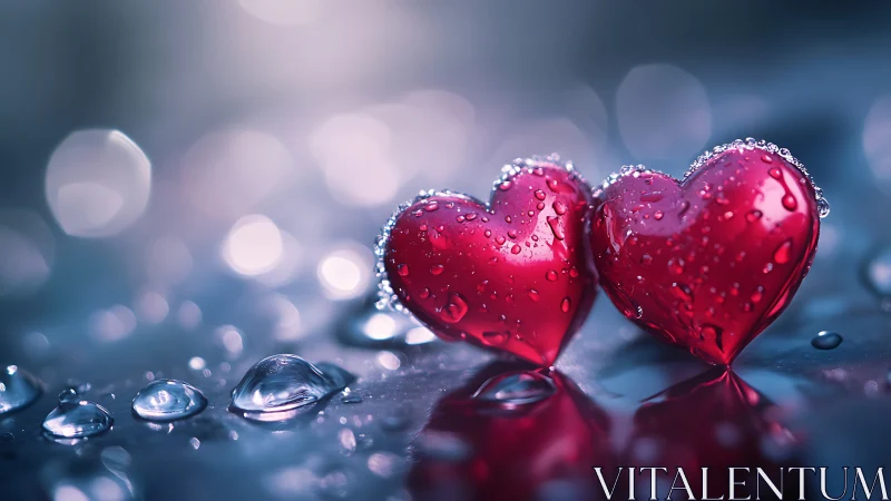 Two Red Glass Hearts with Water Droplets.
