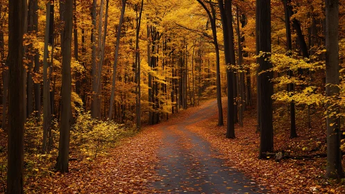 Golden Canopy Path Through Autumn Forest.