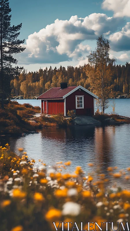 Red lakeside cabin in calm autumn forest landscape.