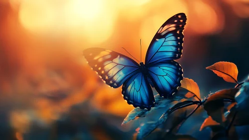 Chromatic blue butterfly under bokeh-suffused sunset illumination.