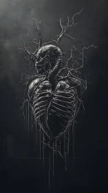 Skeletal heart effigy with branching veins on obsidian field.