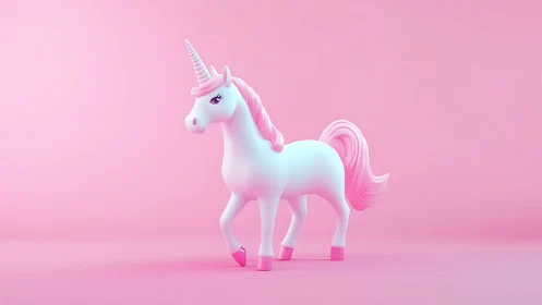 Pastel unicorn sculpture stands in soft monochrome pink space.