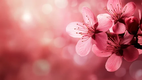 Pink Cherry Blossoms Luminous in Soft Sunlit Haze.