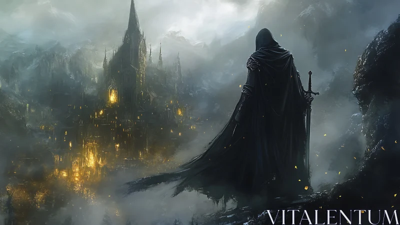 Lone cloaked warrior surveys a blazing gothic fortress in mist