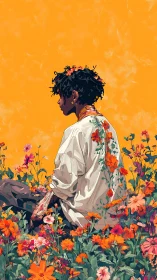 Pensive figure seated in dense flowers against orange field.
