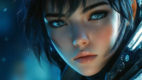Cyborg heroine gazes ahead in luminous blue neon glow