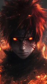 Incandescent anime combatant in pyrokinetic frontal portrait.