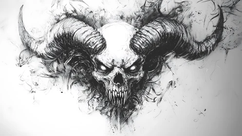 Horned demonic skull rendered as high-contrast ink vortex.