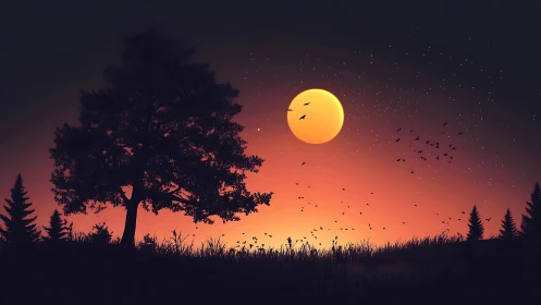 Golden moon rises above tranquil silhouetted forest horizon.