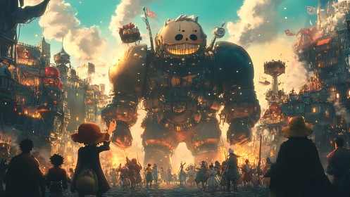 Colossal steam mech entering densely lit festival cityscape.