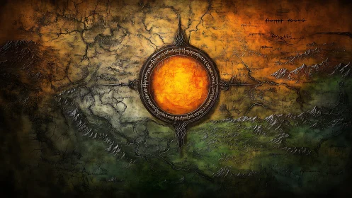 Radial fiery sigil over textured fantasy topographic map composition