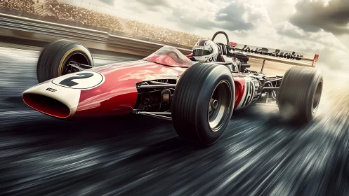 Vintage red formula race car speeds down wet track.