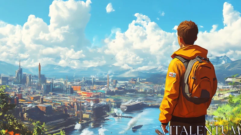 Traveler overlooks a colorful futuristic riverside city at dawn