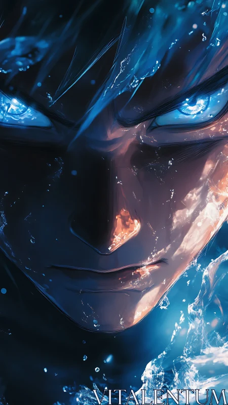 Male anime face rendered with glowing blue watery effects