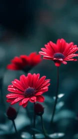 Red Gerbera Daisies with Water Droplets Against Teal Background.