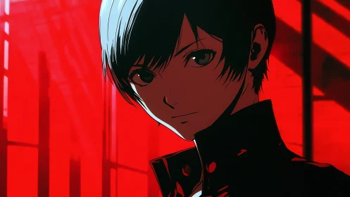 Stoic anime youth framed by stark red shadows. Period.