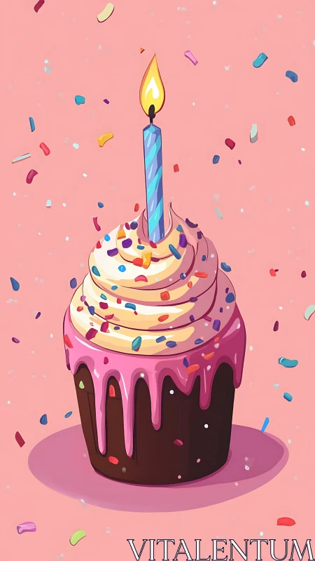 Multicolored Birthday Cake with Lit Candle Against Pink Background.