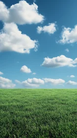 Sunlit green meadow under deep blue sky with clouds.
