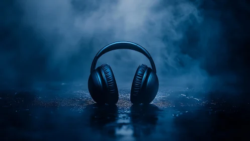 Black Headphones Resting on Luminous Blue Surface.