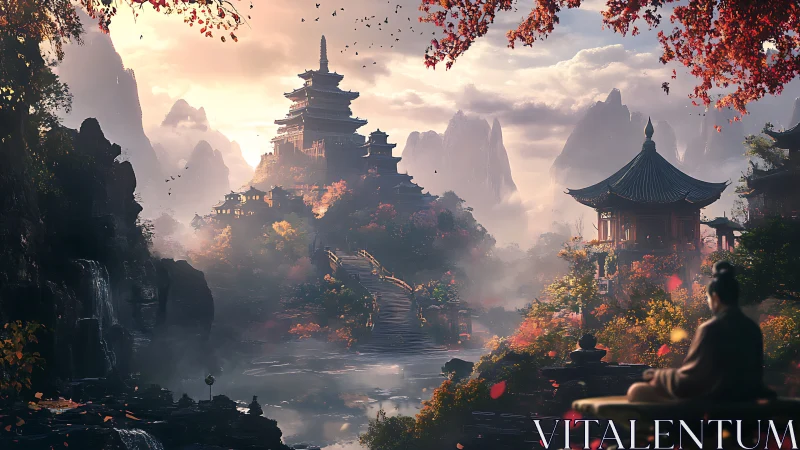 Mystic mountain temple city in serene autumn valley.