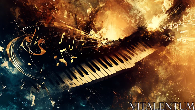 Glowing piano keys swirl through golden stormy music light