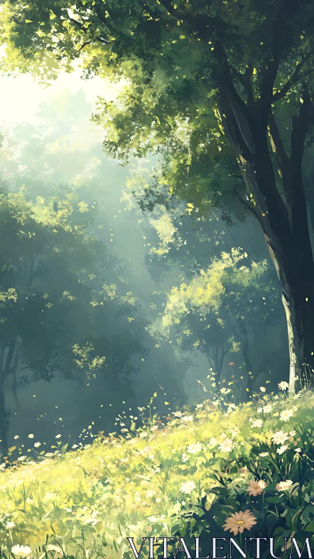 Forest pathway with illuminated canopy and wildflower meadow