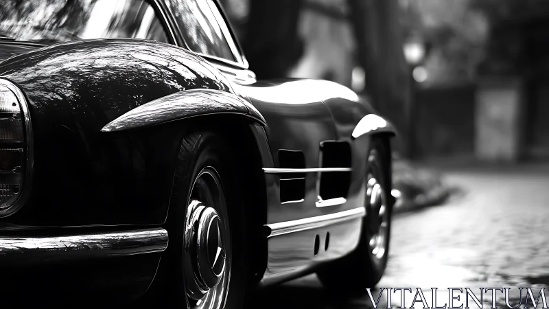 Monochrome close-up isolates classic coupe&rsquo;s reflective bodywork