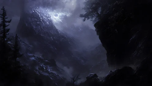 Eclipsed moonlight shrouds a misty, jagged mountain ravine.