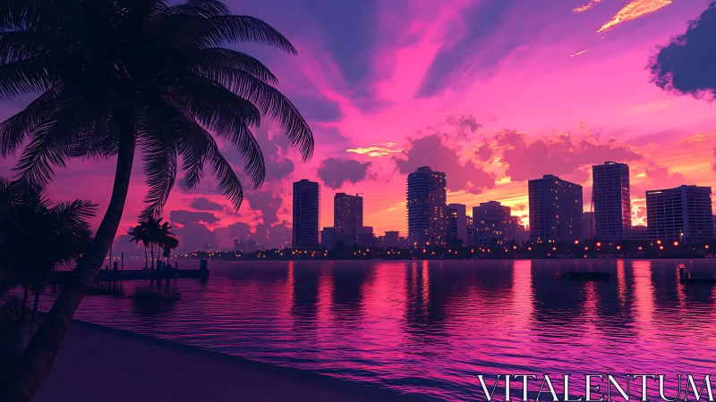 Tropical waterfront city skyline under vivid magenta sunset
