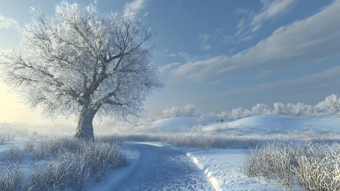 Frosted winter tree beside winding snowy path at sunrise.