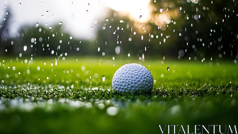Golf ball rests on wet fairway under falling rain at dusk