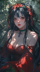 Forest muse in crimson dress resting under dappled sunlight.