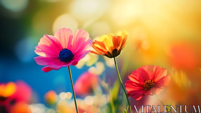 Vibrant Gerbera Daisies in Selective Focus with Golden Hour Bokeh Background