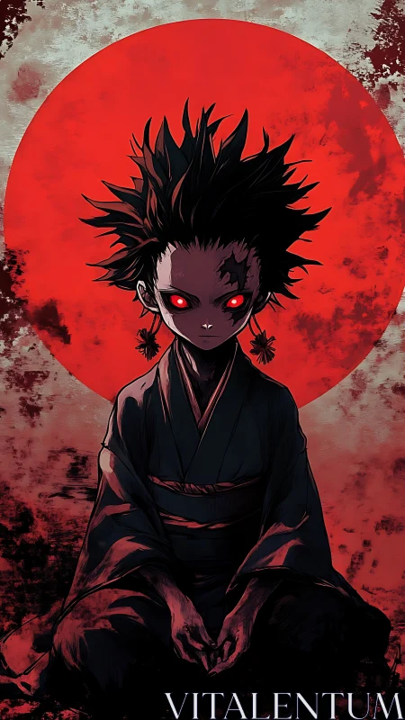 Demonic child meditates before blood moon circle.