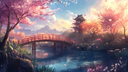 Cherry blossom bridge over tranquil river at sunset.