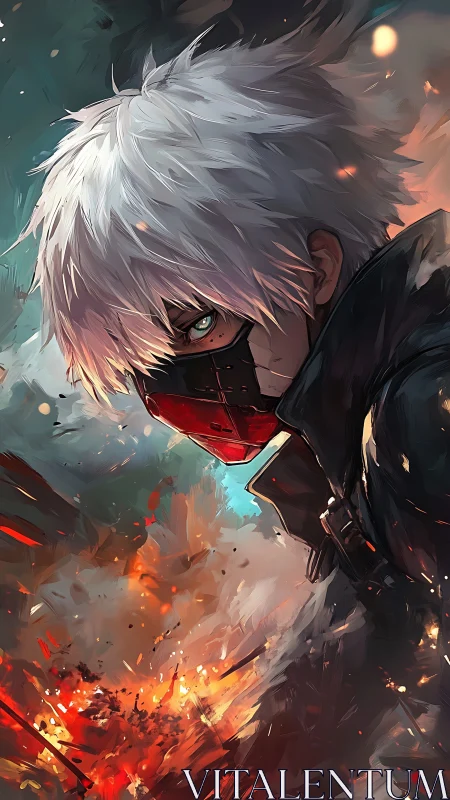 Masked white haired figure in embers and smoke environment.
