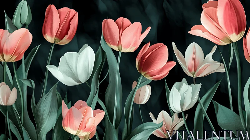 Tulip Garden: Pink and White Blooms Against Dark Background.