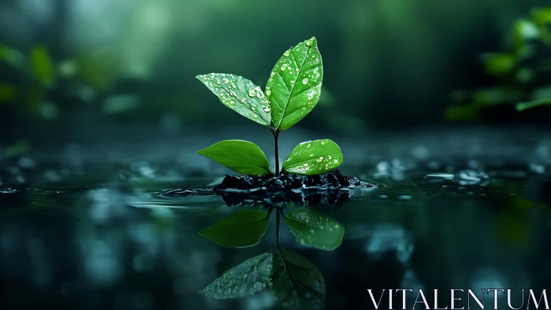 Macro study of dew-laden seedling reflected on still water