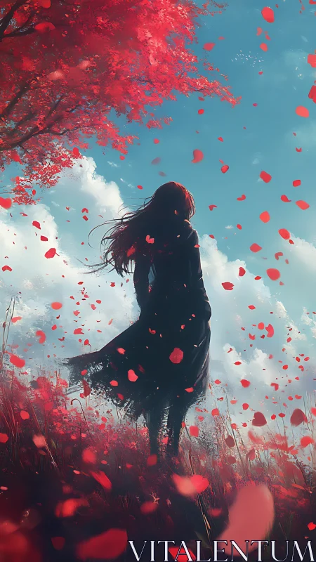 Crimson petals whirl around solitary girl beneath scarlet tree.