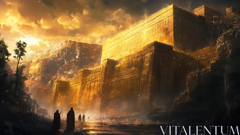 Monumental golden citadel under volumetric dusk illumination.