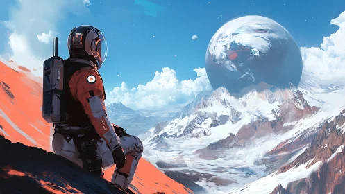 Solitude in orbit-scarred snowfields beneath a glassy world.