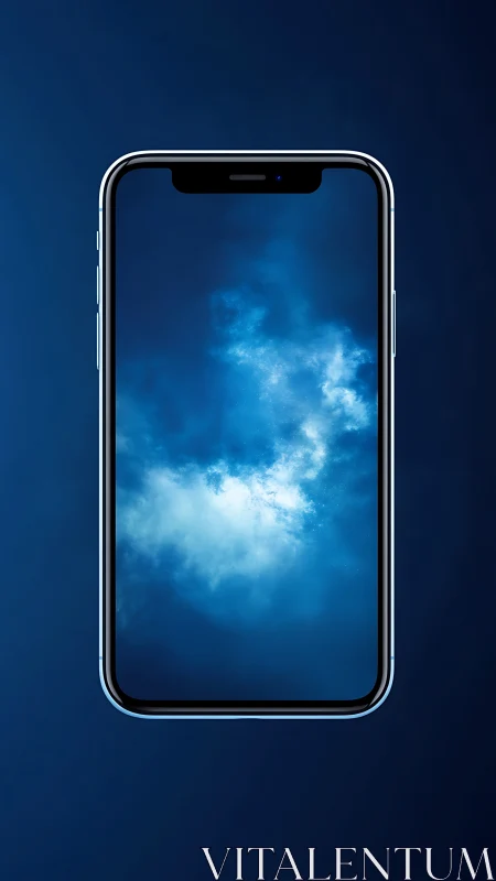 Bezel-less smartphone with cloud wallpaper on blue gradient field