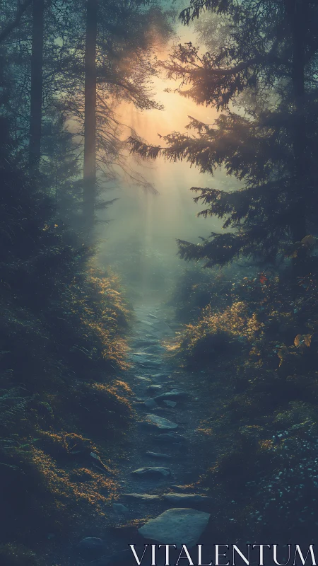 Misty Forest Stream Path Bathed in Golden Sunlight