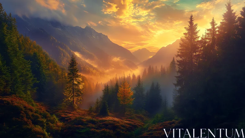 Golden Hour Valley: Misty Mountain Landscape with Sunrise Glow